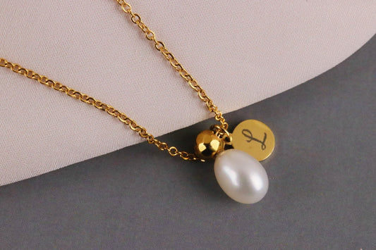 Personalised Initial Necklace, Gold Peal Custom Necklace, Christmas Wife Gift, Engraving Gift for Her, Water Proof Custom Letter Necklace