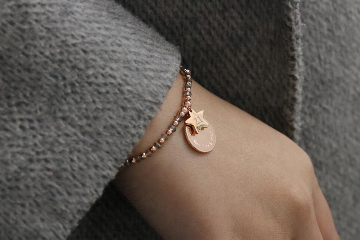 Grey Crystal Beads Initial Bracelet, Personalised Rose Gold Beaded Bracelet, 21 Birthday Gift for Her, Customised Engraving Number Bracelet