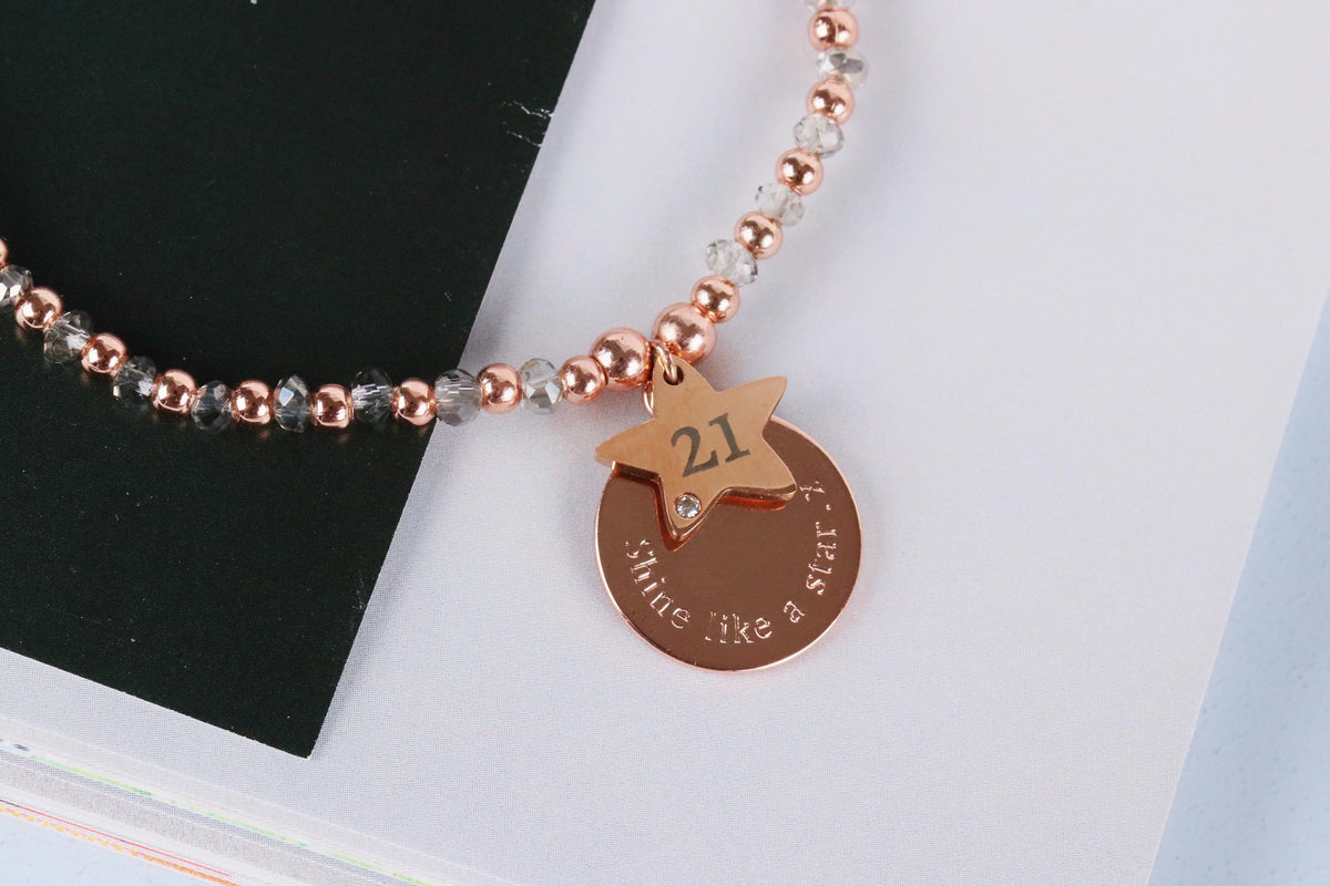 Grey Crystal Beads Initial Bracelet, Personalised Rose Gold Beaded Bracelet, 21 Birthday Gift for Her, Customised Engraving Number Bracelet