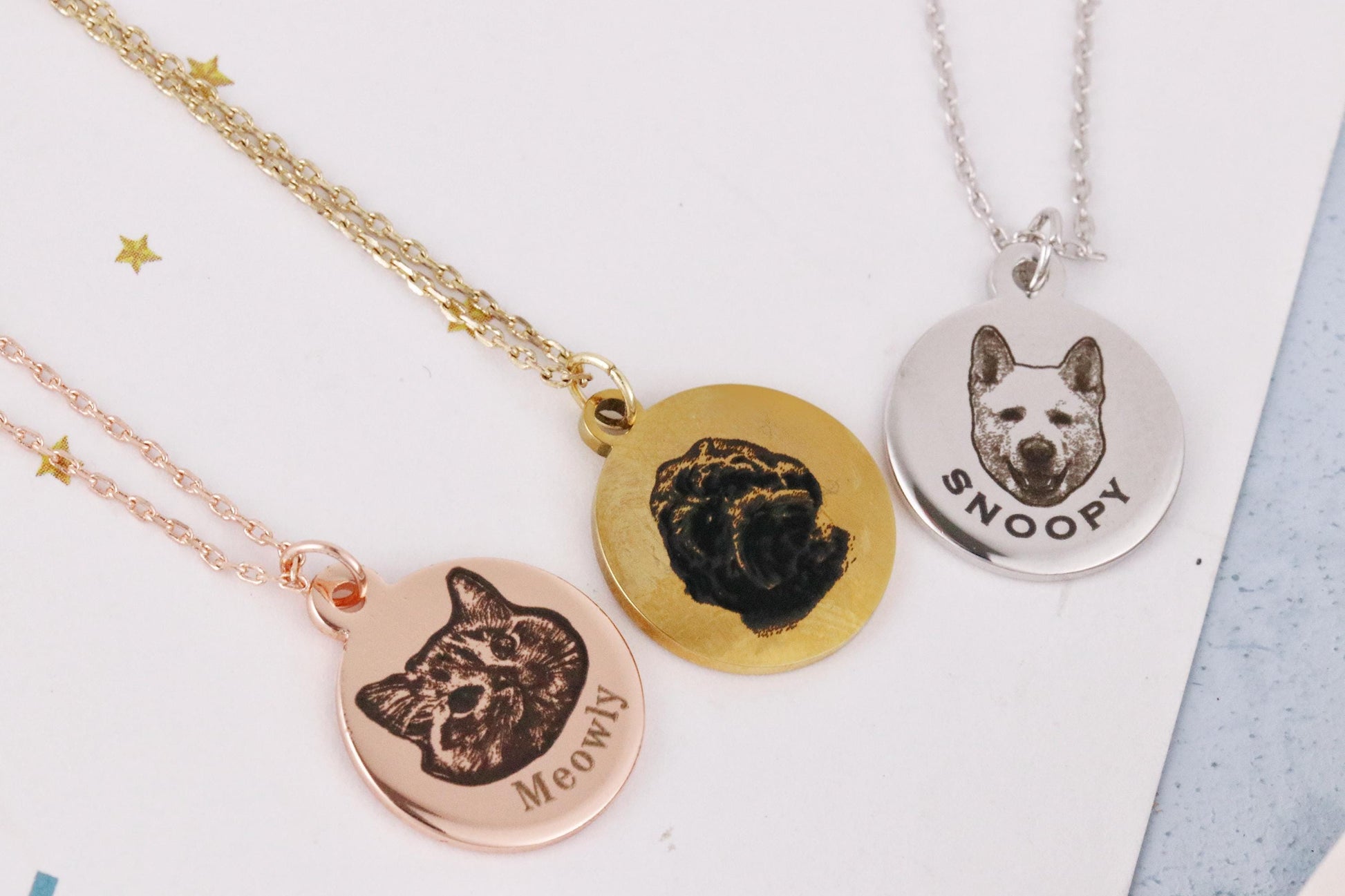 Gold Custom Pet Portrait Name Necklace, Dog Photo Necklace, Engraved Cat Necklace, Silver Pet Memorial Necklace, Gift for Cat Dog Mum