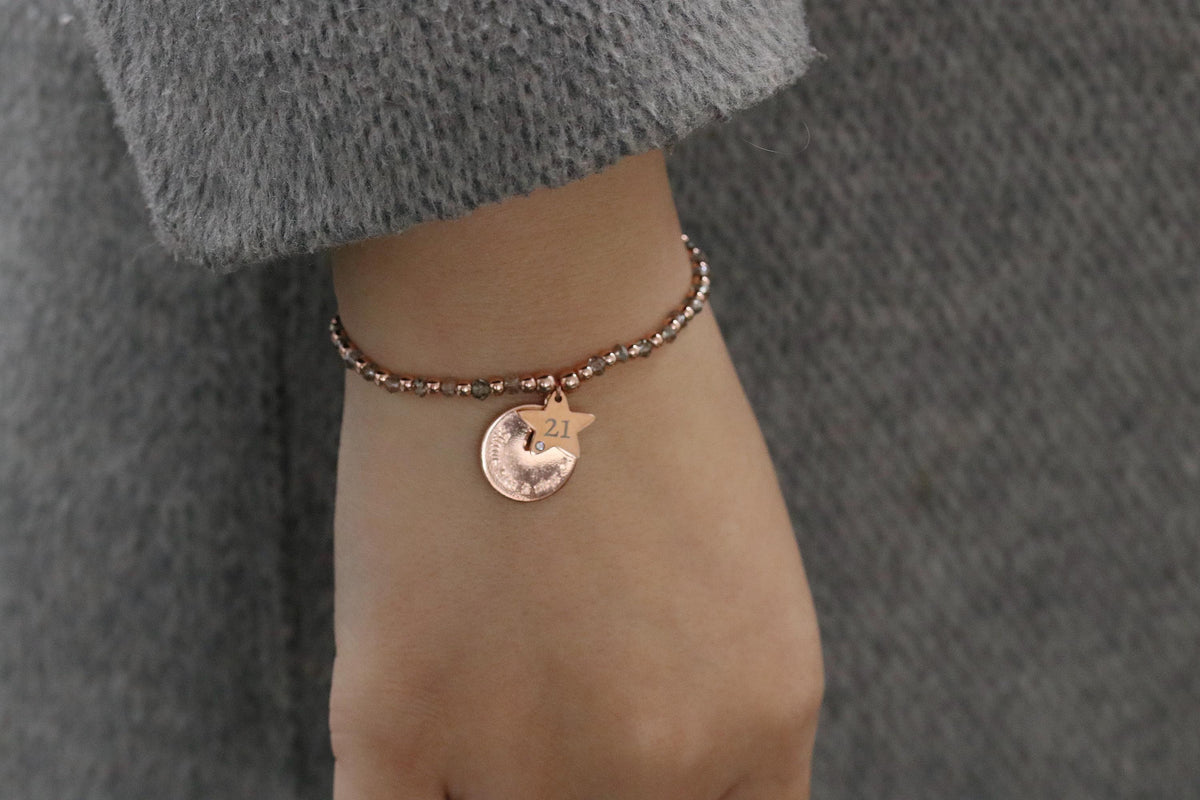 Grey Crystal Beads Initial Bracelet, Personalised Rose Gold Beaded Bracelet, 21 Birthday Gift for Her, Customised Engraving Number Bracelet