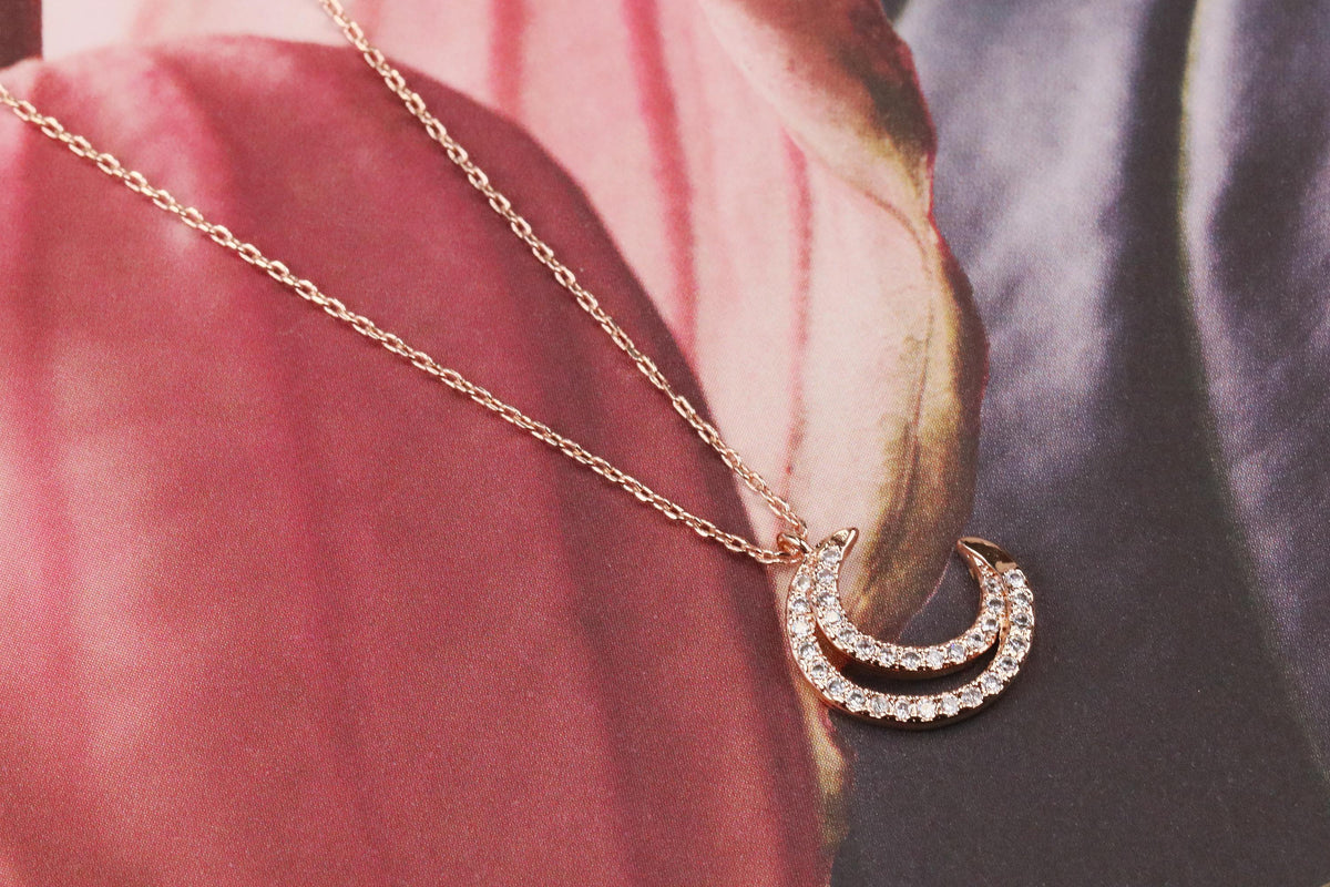 Crystal Moon Necklace, Gold Pave Dainty Necklace, Gold Diamond Necklace, Gold Minimalist Jewellery, Birthday Custom Love You Gift for Her