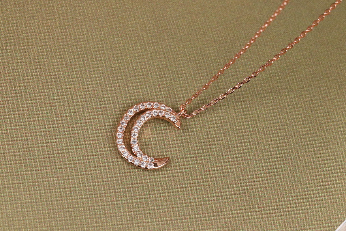 Crystal Moon Necklace, Gold Pave Dainty Necklace, Gold Diamond Necklace, Gold Minimalist Jewellery, Birthday Custom Love You Gift for Her
