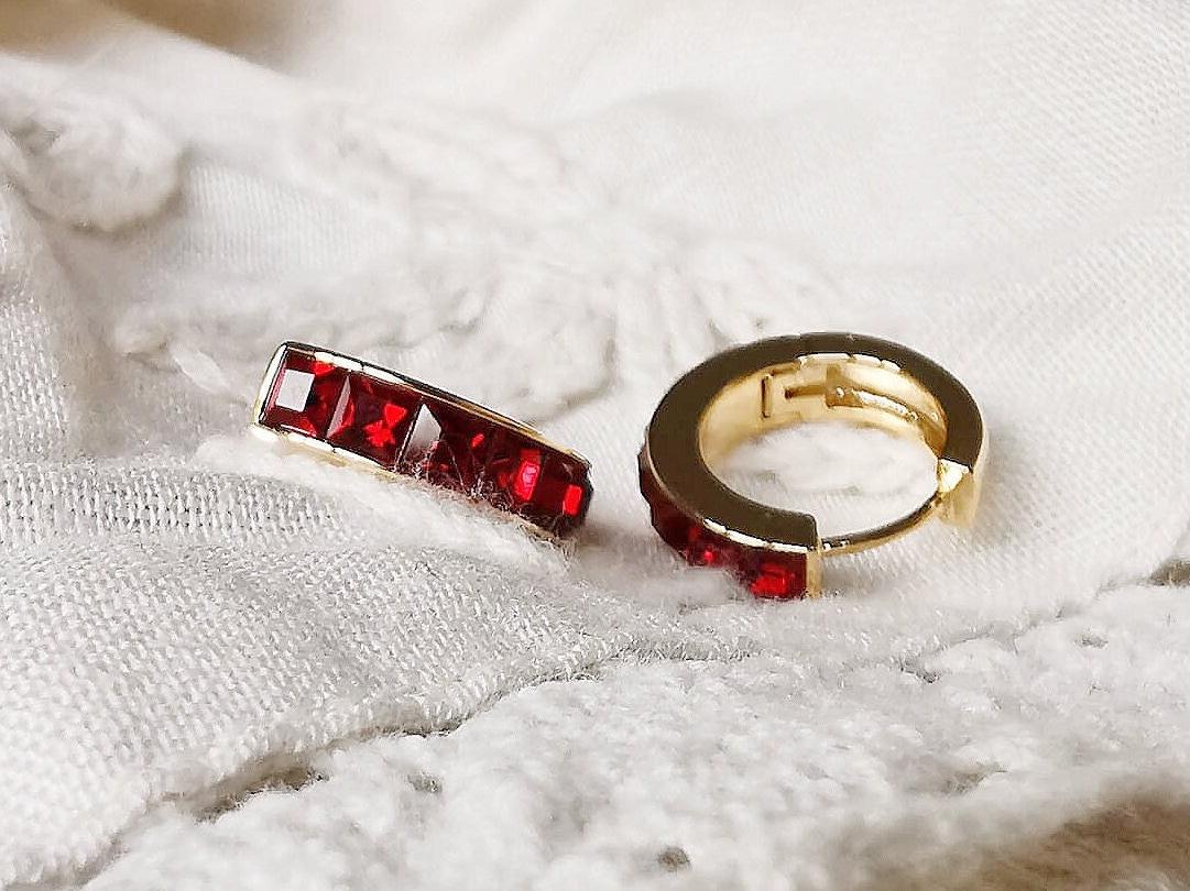 January Birthstone Huggies: Garnet Swarovski Crystal Gold Hoop Earrings, Burgundy CZ Hoops