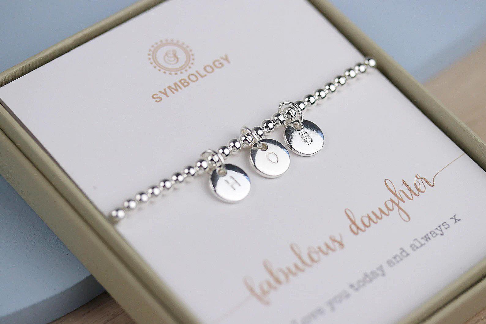 Custom Birthstone Bracelet – Silver Plated Beaded Bangle with Initial Charm Gift for Women for Christmas