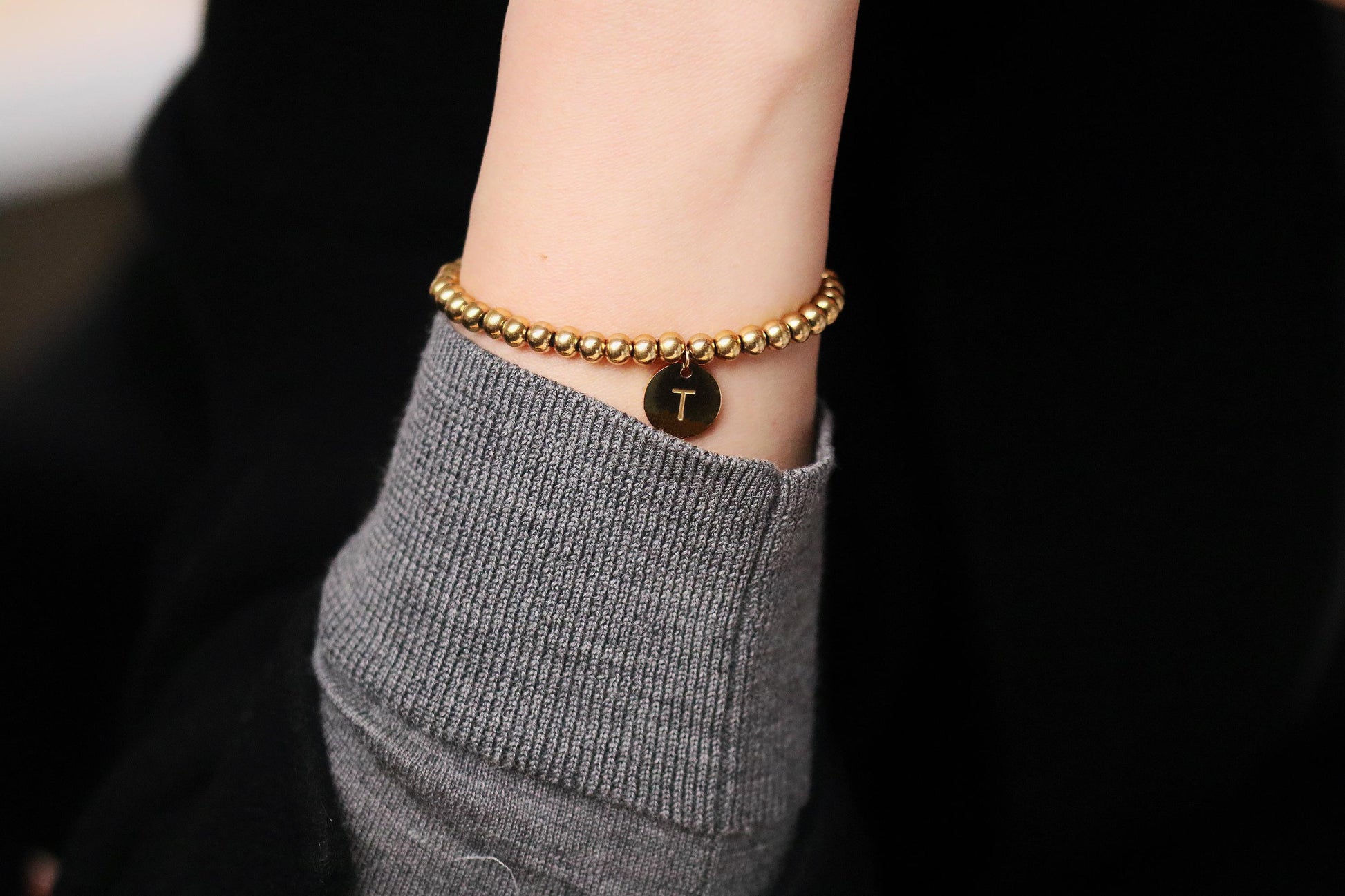 Gold Waterproof Beads Bracelet, Water Resistance Initial Bracelet, Gold Name Bracelet, Dainty Gold Custom Bracelet, Mothers Day Gift for her