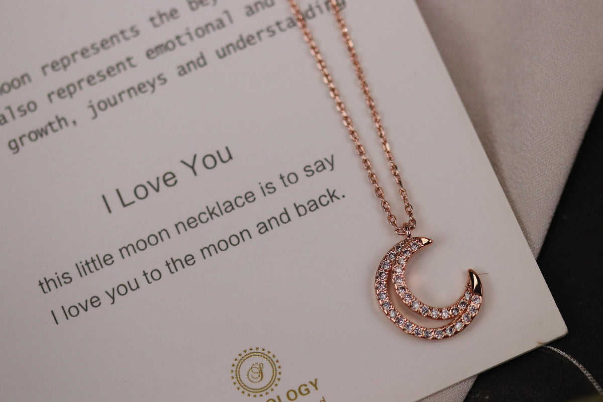 Crystal Moon Necklace, Gold Pave Dainty Necklace, Gold Diamond Necklace, Gold Minimalist Jewellery, Birthday Custom Love You Gift for Her
