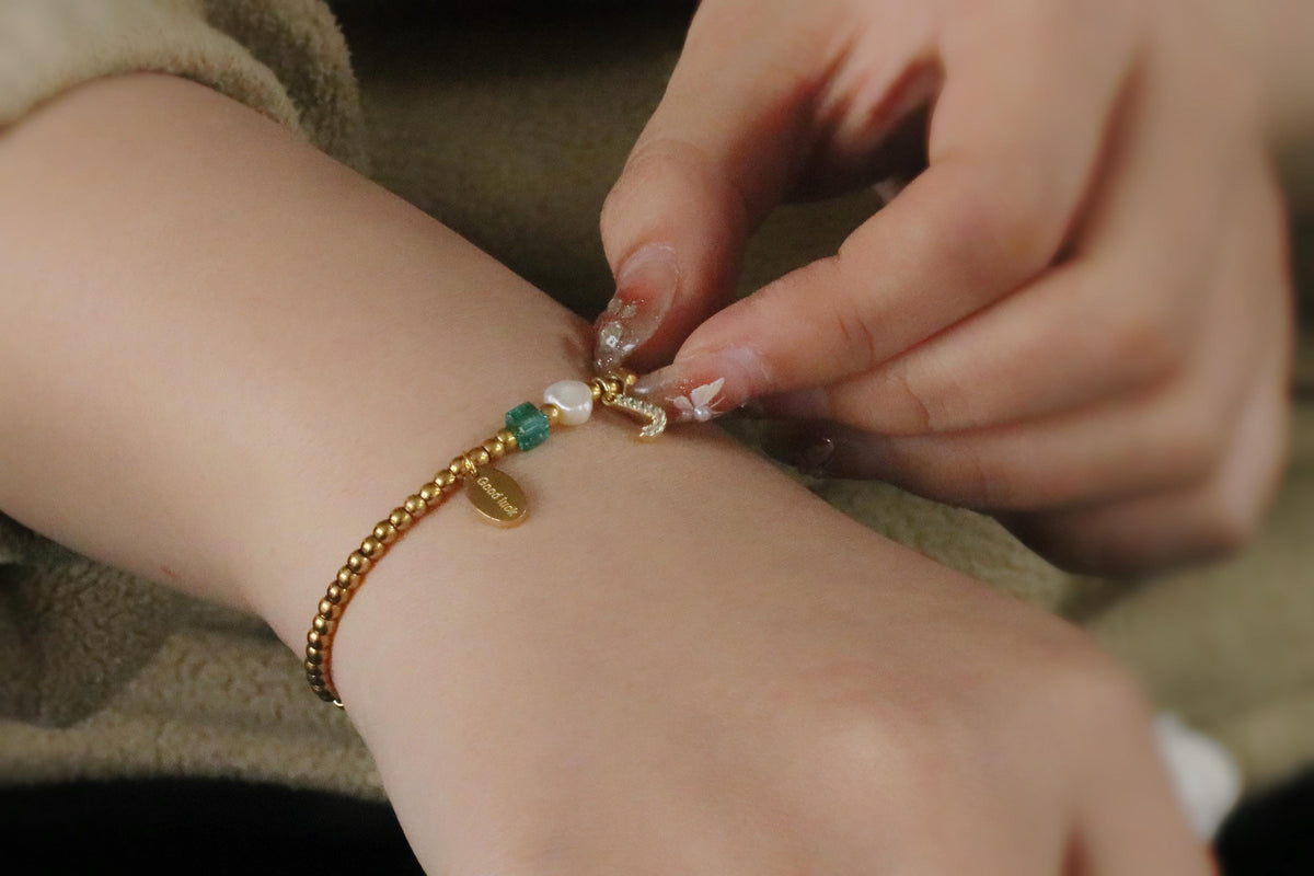 Gold Beaded Custom Bracelet, Stainless Steel Personalised Initial Bracelet, Good Luck Bracelet Gift for Her, Mother's Day Gift for Aunt