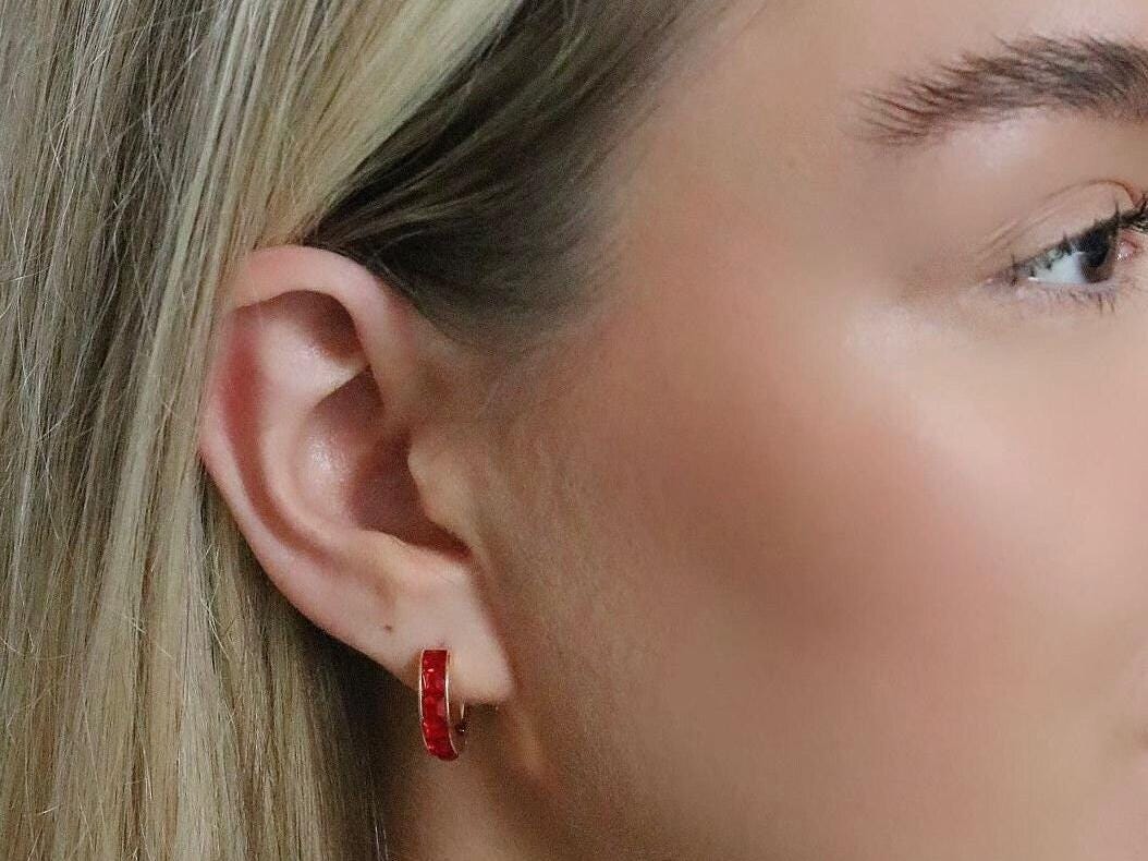 January Birthstone Huggies: Garnet Swarovski Crystal Gold Hoop Earrings, Burgundy CZ Hoops