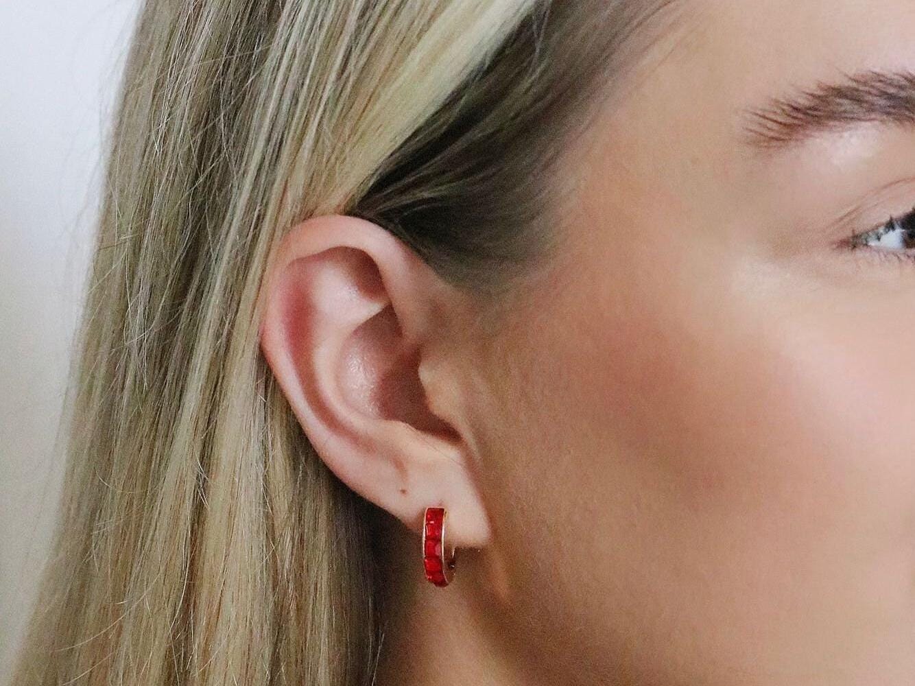 January Birthstone Huggies: Garnet Swarovski Crystal Gold Hoop Earrings, Burgundy CZ Hoops