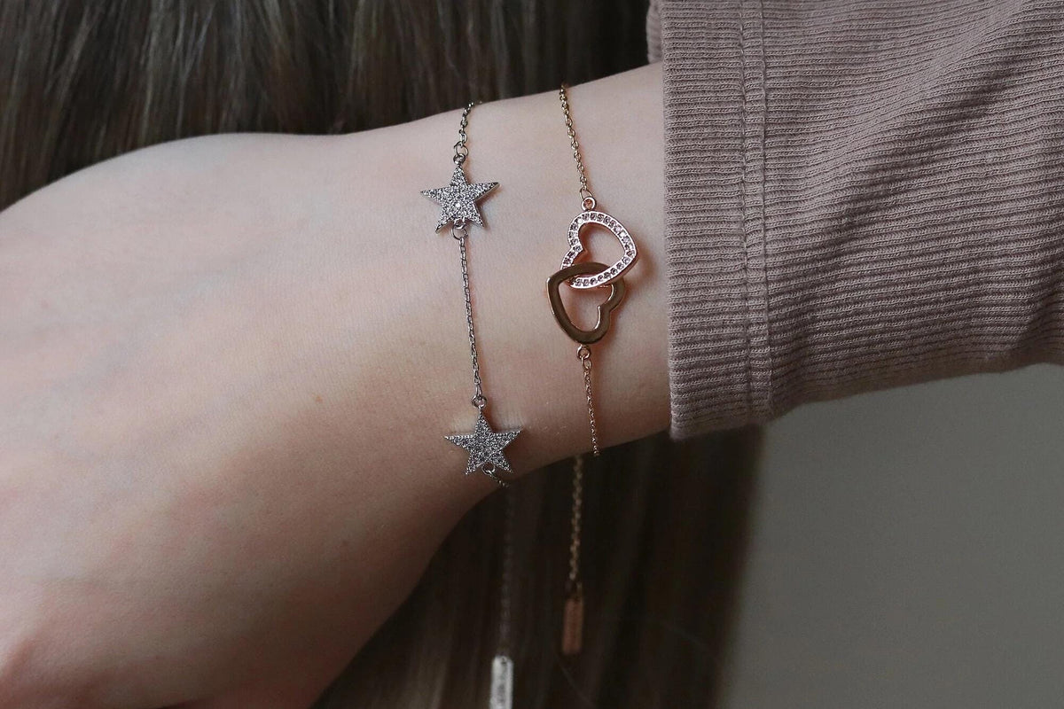 Mother Daughter Interlocking Heart Bracelet Set, CZ Crystal, Gold Plated Double Love Heart Bangle