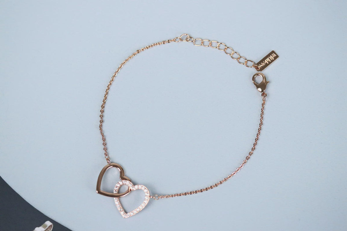 Mother Daughter Interlocking Heart Bracelet Set, CZ Crystal, Gold Plated Double Love Heart Bangle