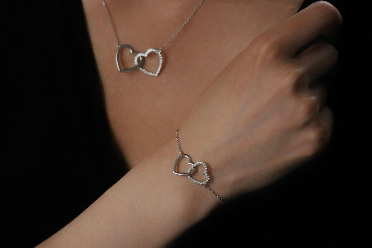 Mother Daughter Interlocking Heart Bracelet Set, CZ Crystal, Gold Plated Double Love Heart Bangle
