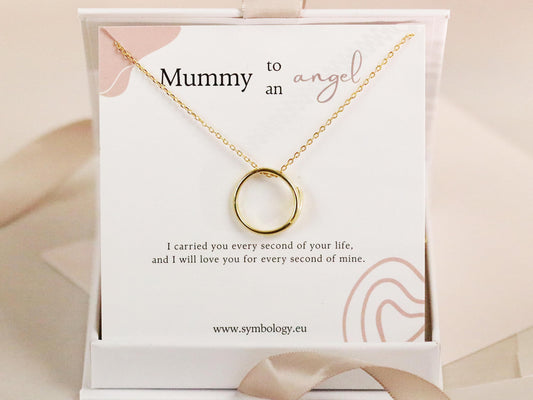 Mummy to an Angel Necklace, Miscarriage Memorial Gift, 18K Gold Circle Necklace, Baby Loss Keepsake, Pregnancy Loss, Sympathy Gift for Mum
