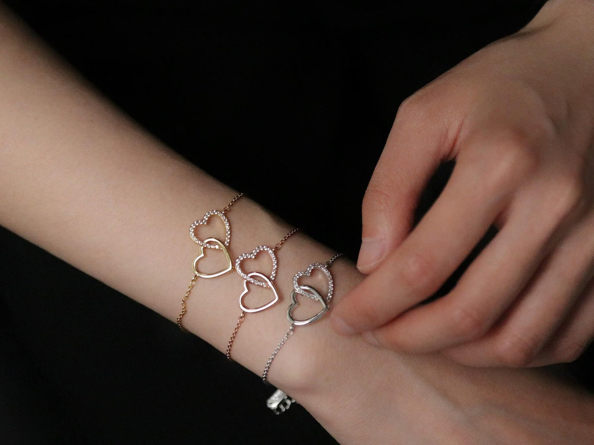 Mother Daughter Interlocking Heart Bracelet Set, CZ Crystal, Gold Plated Double Love Heart Bangle