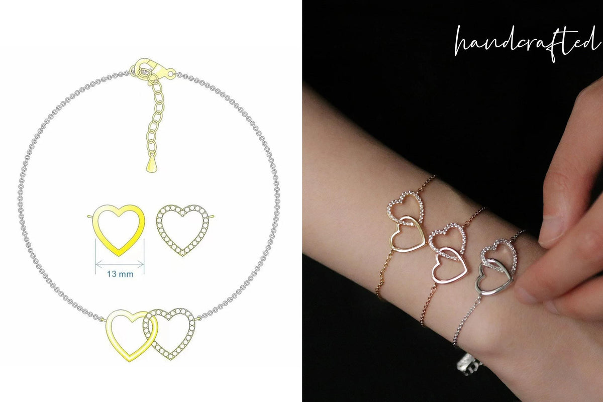 Mother Daughter Interlocking Heart Bracelet Set, CZ Crystal, Gold Plated Double Love Heart Bangle
