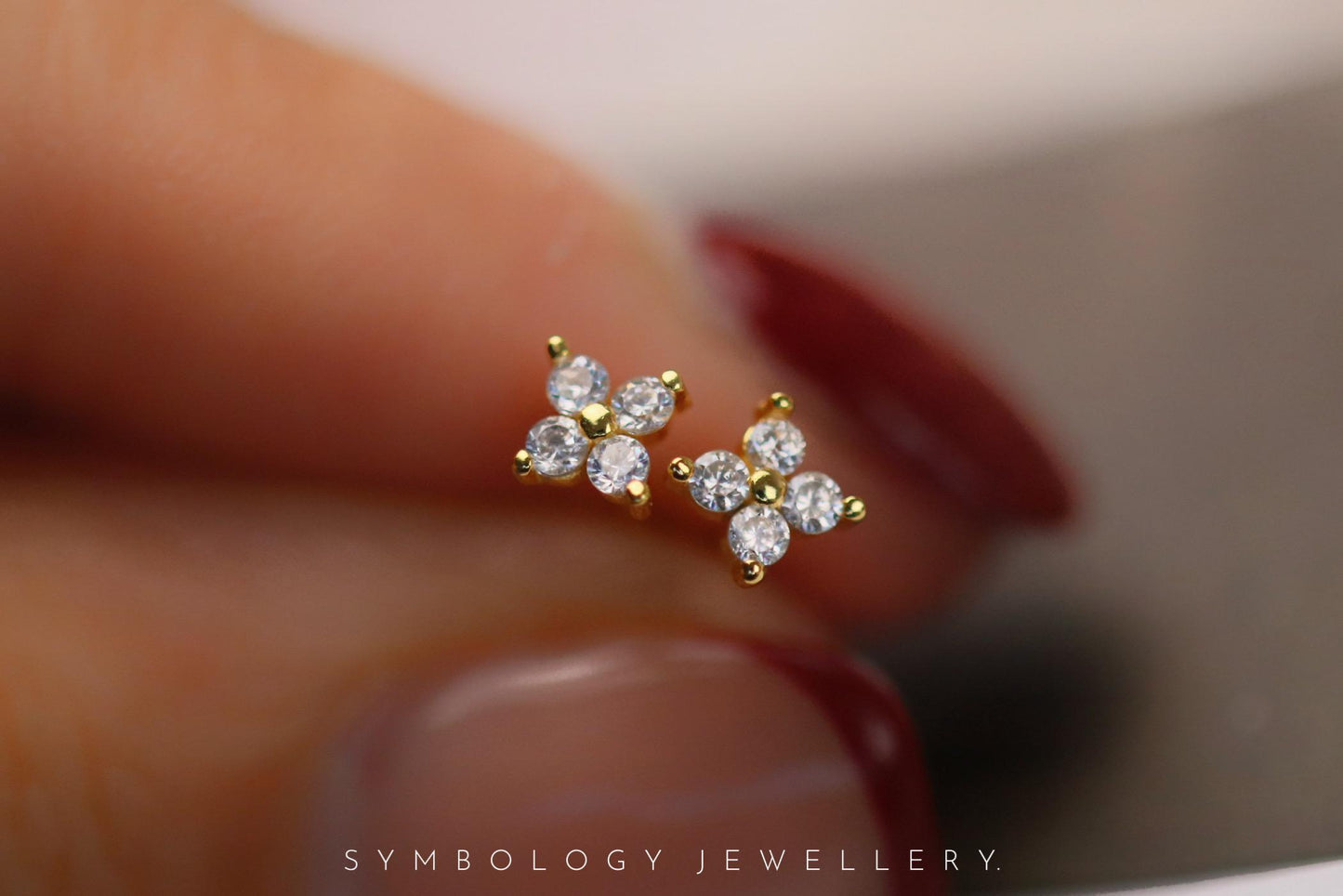 Dainty Studs Earrings in 925 Silver, Gold CZ Crystal Delicate Studs For Friends, Birthday Gift for Her, Minimalist Four Leaf Clover Earrings