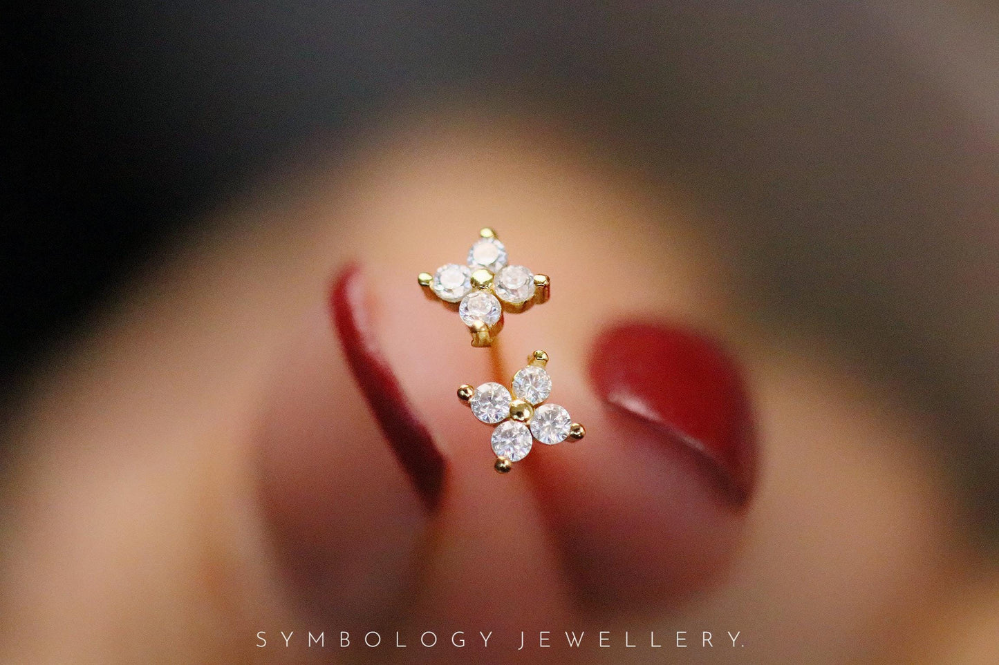 Dainty Studs Earrings in 925 Silver, Gold CZ Crystal Delicate Studs For Friends, Birthday Gift for Her, Minimalist Four Leaf Clover Earrings