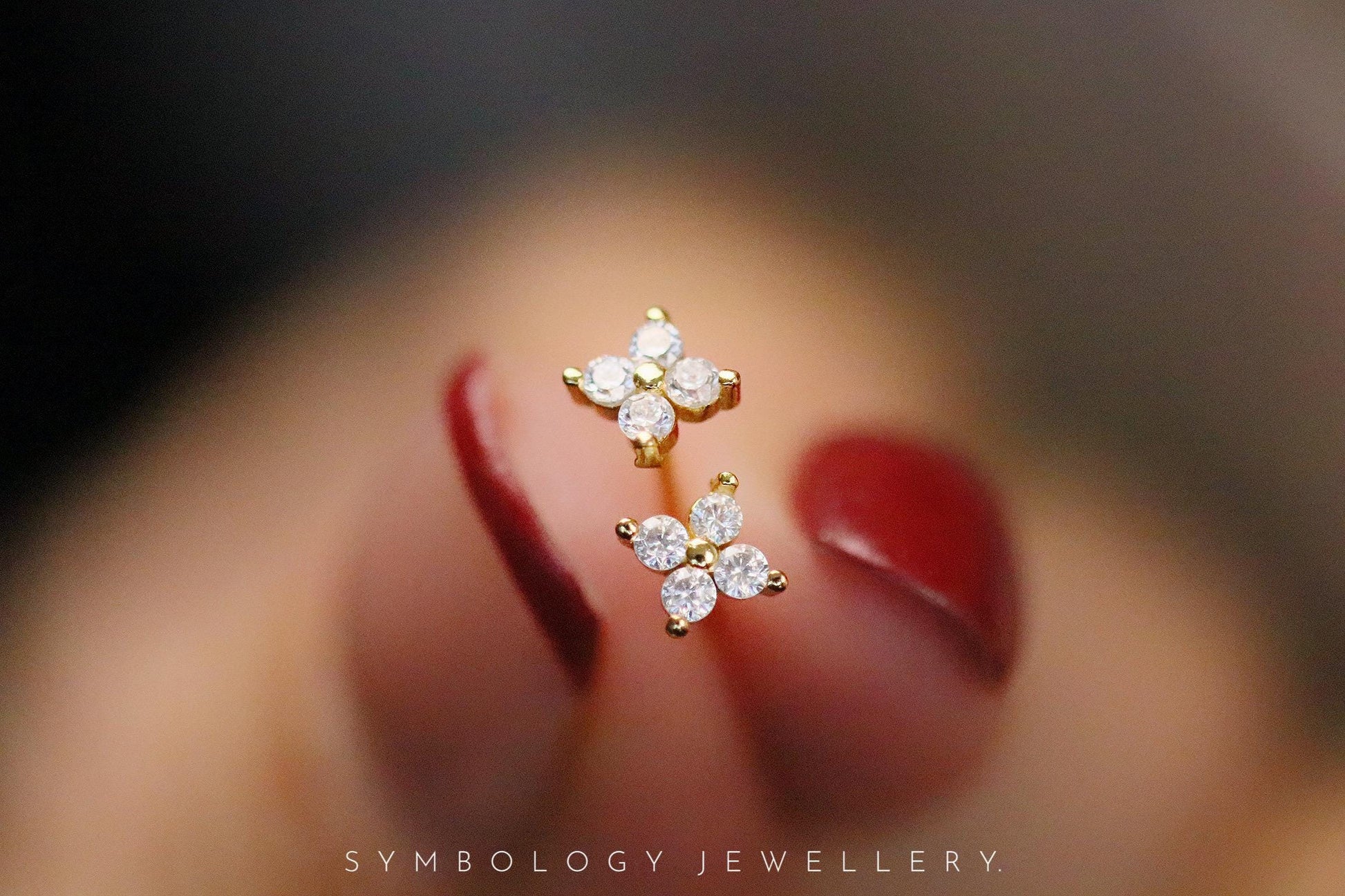 Dainty Studs Earrings in 925 Silver, Gold CZ Crystal Delicate Studs For Friends, Birthday Gift for Her, Minimalist Four Leaf Clover Earrings