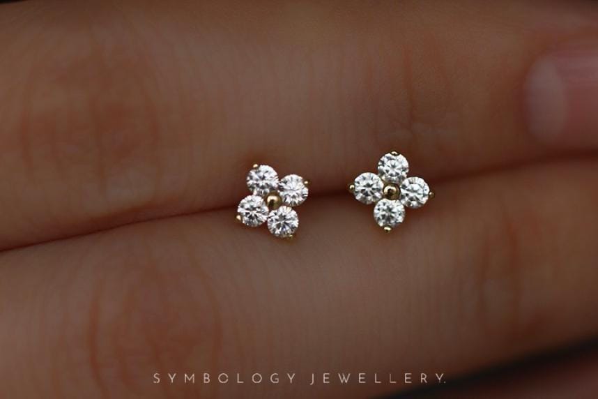 Dainty Studs Earrings in 925 Silver, Gold CZ Crystal Delicate Studs For Friends, Birthday Gift for Her, Minimalist Four Leaf Clover Earrings