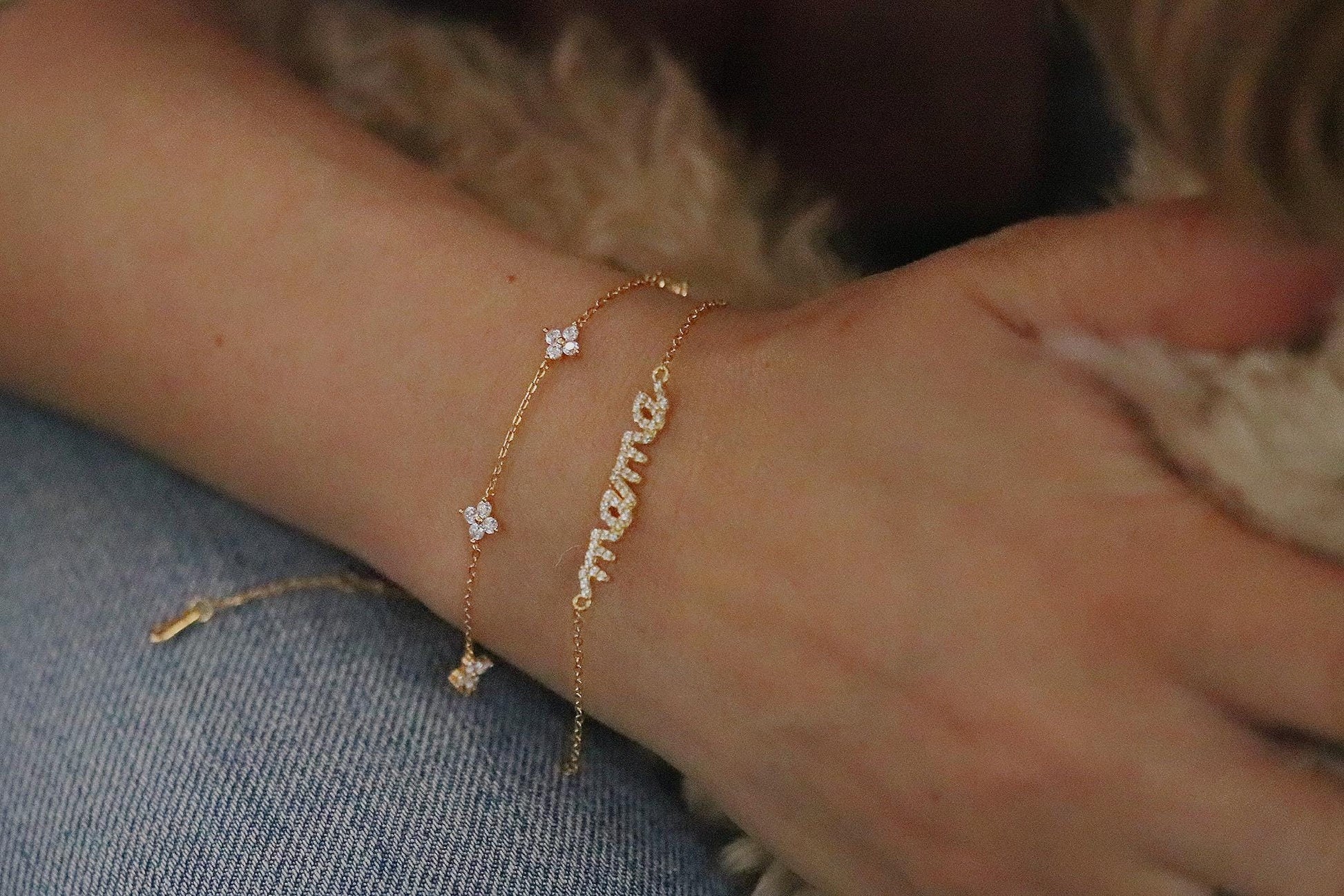 Gold Four Leaf Clover Necklace, Dainty Stacking Bracelet, Unique Gifts for Her, Minimalist Bracelet for Women, 925 Silver Jewellery Set