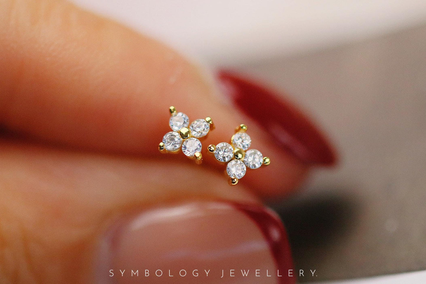 Dainty Studs Earrings in 925 Silver, Gold CZ Crystal Delicate Studs For Friends, Birthday Gift for Her, Minimalist Four Leaf Clover Earrings