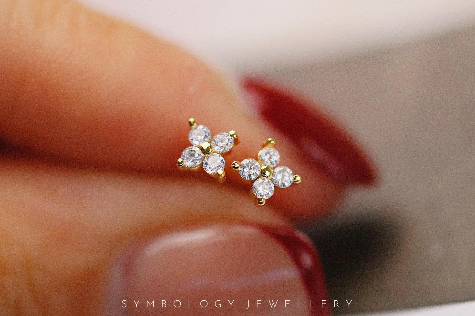 Dainty Studs Earrings in 925 Silver, Gold CZ Crystal Delicate Studs For Friends, Birthday Gift for Her, Minimalist Four Leaf Clover Earrings