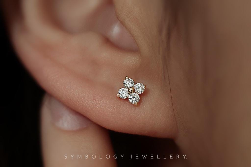 Dainty Studs Earrings in 925 Silver, Gold CZ Crystal Delicate Studs For Friends, Birthday Gift for Her, Minimalist Four Leaf Clover Earrings