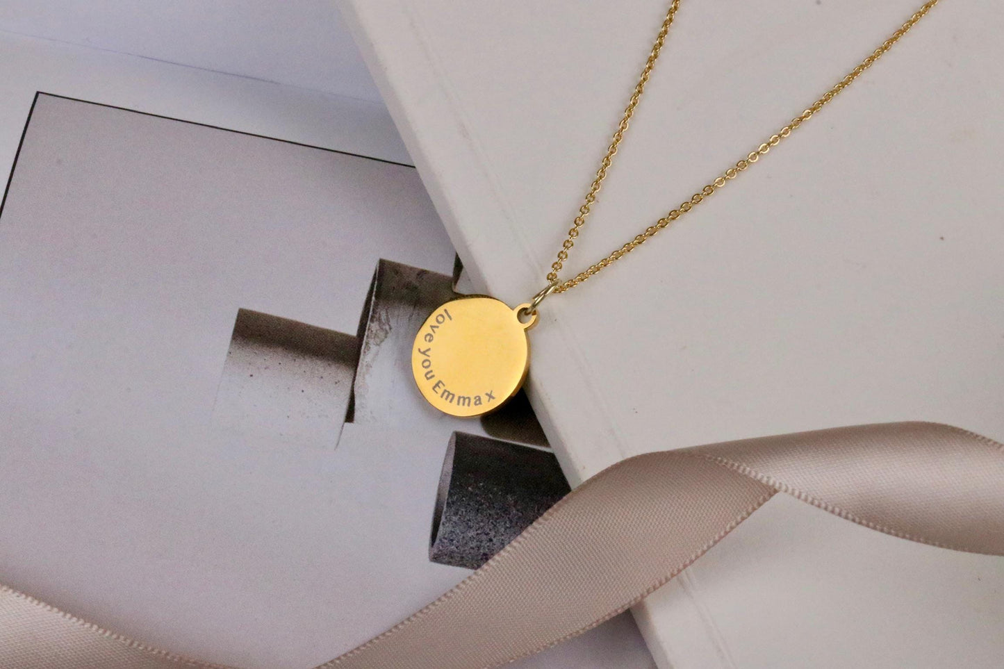 Gold Photo Necklace: Personalised Handwriting, Engraved Memorial Pendant