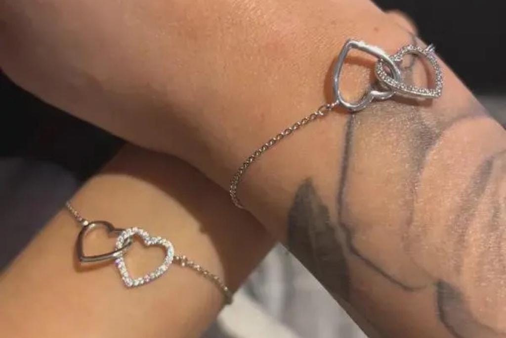 Mother Daughter Interlocking Heart Bracelet Set, CZ Crystal, Gold Plated Double Love Heart Bangle