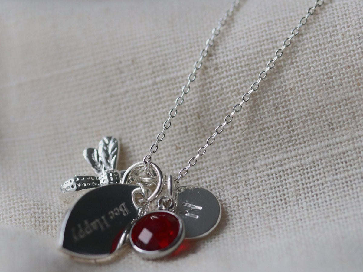 Silver Bee Charm Necklace: Personalized Initial & Birthstone Pendant