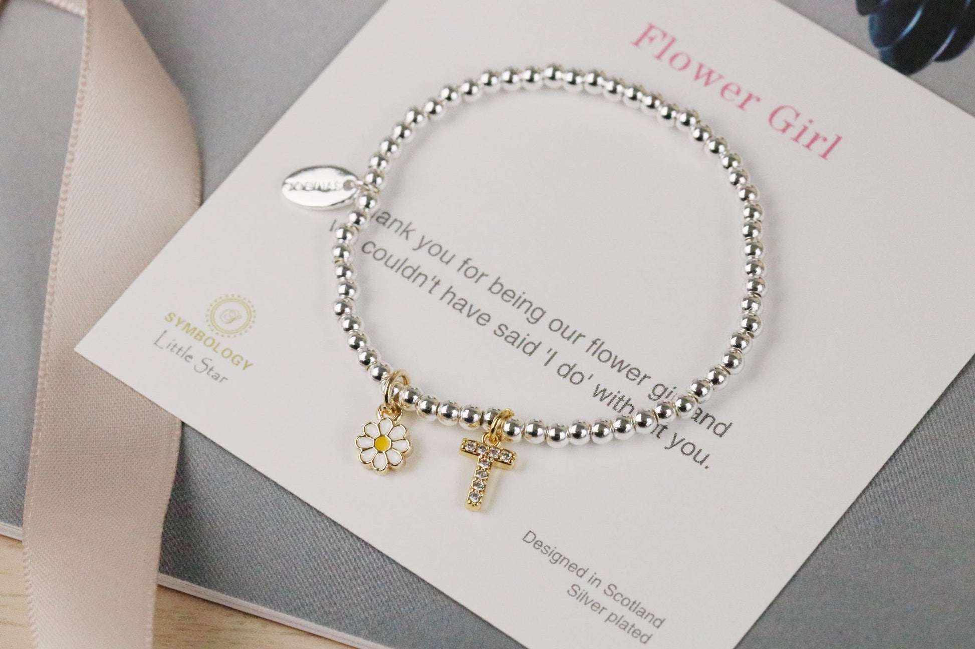 Flower Girl Gift, Bridesmaid Box Filler, Silver Beaded Initial Bracelet, Bridal Party Custom Gift, Wedding Theme Gift, Custom Kids Bracelet
