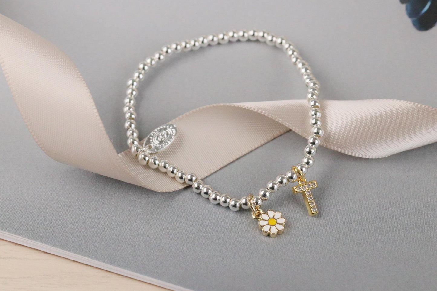 Flower Girl Bracelet, Bridesmaid Box Filler with Card, Silver Initial Bracelet, Bridal Party Gift, Wedding Theme Gift, Custom Kids Bracelet