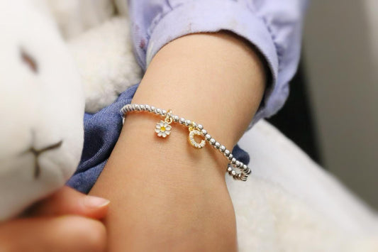 Flower Girl Gift, Bridesmaid Box Filler, Silver Beaded Initial Bracelet, Bridal Party Custom Gift, Wedding Theme Gift, Custom Kids Bracelet