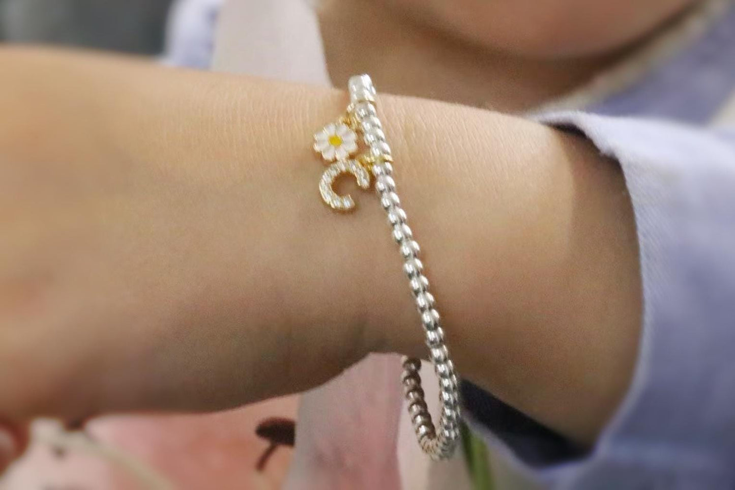 Flower Girl Bracelet, Bridesmaid Box Filler with Card, Silver Initial Bracelet, Bridal Party Gift, Wedding Theme Gift, Custom Kids Bracelet