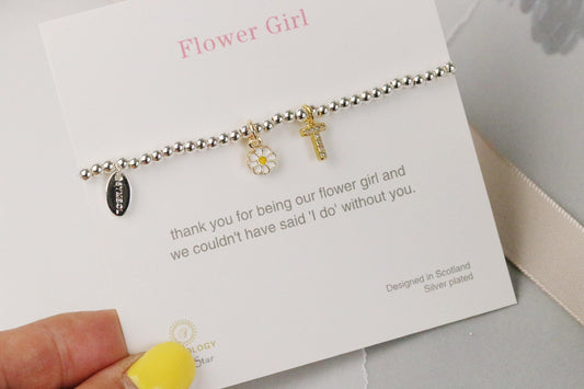 Flower Girl Bracelet, Bridesmaid Box Filler with Card, Silver Initial Bracelet, Bridal Party Gift, Wedding Theme Gift, Custom Kids Bracelet