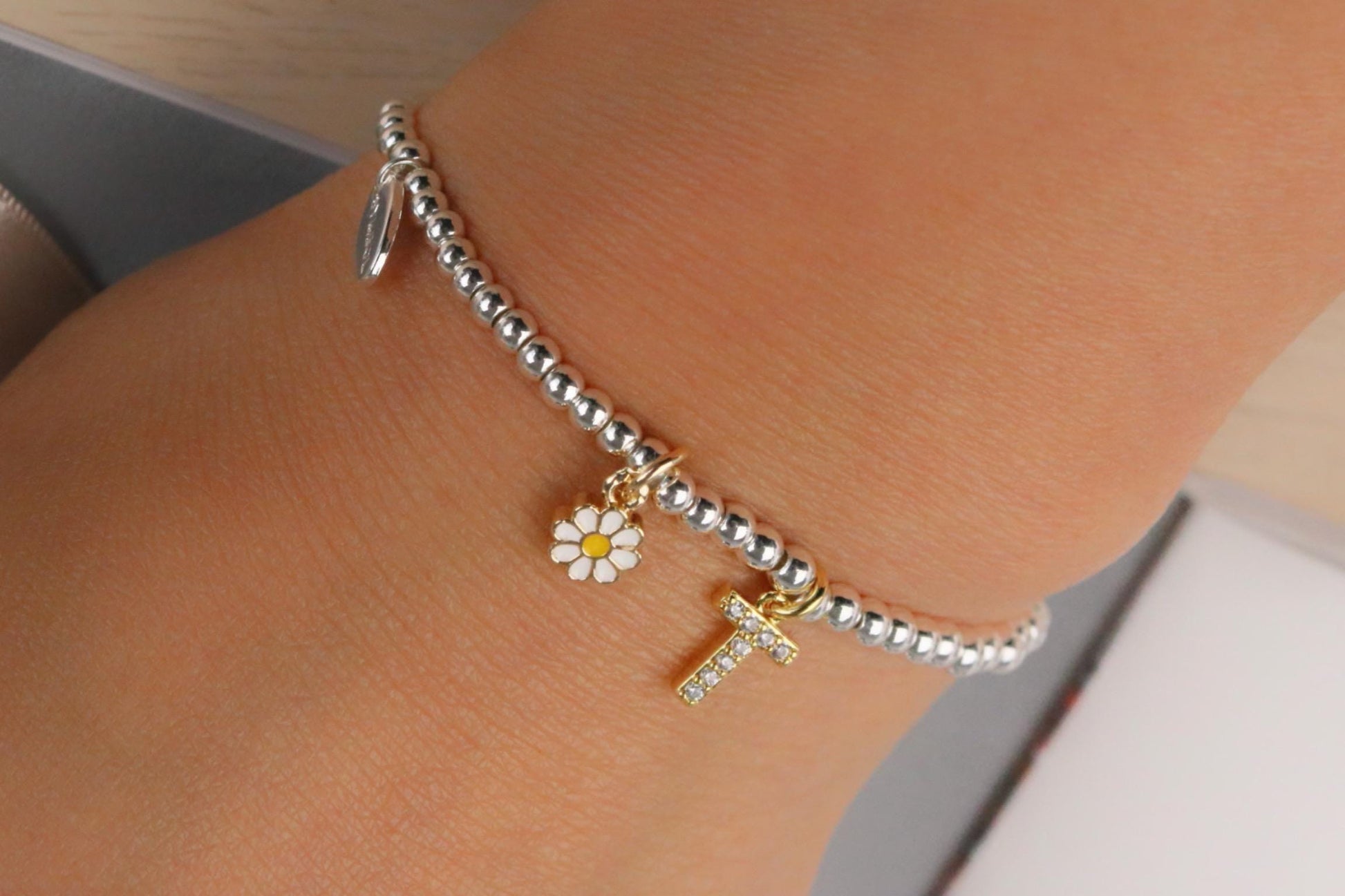 Flower Girl Bracelet, Bridesmaid Box Filler with Card, Silver Initial Bracelet, Bridal Party Gift, Wedding Theme Gift, Custom Kids Bracelet
