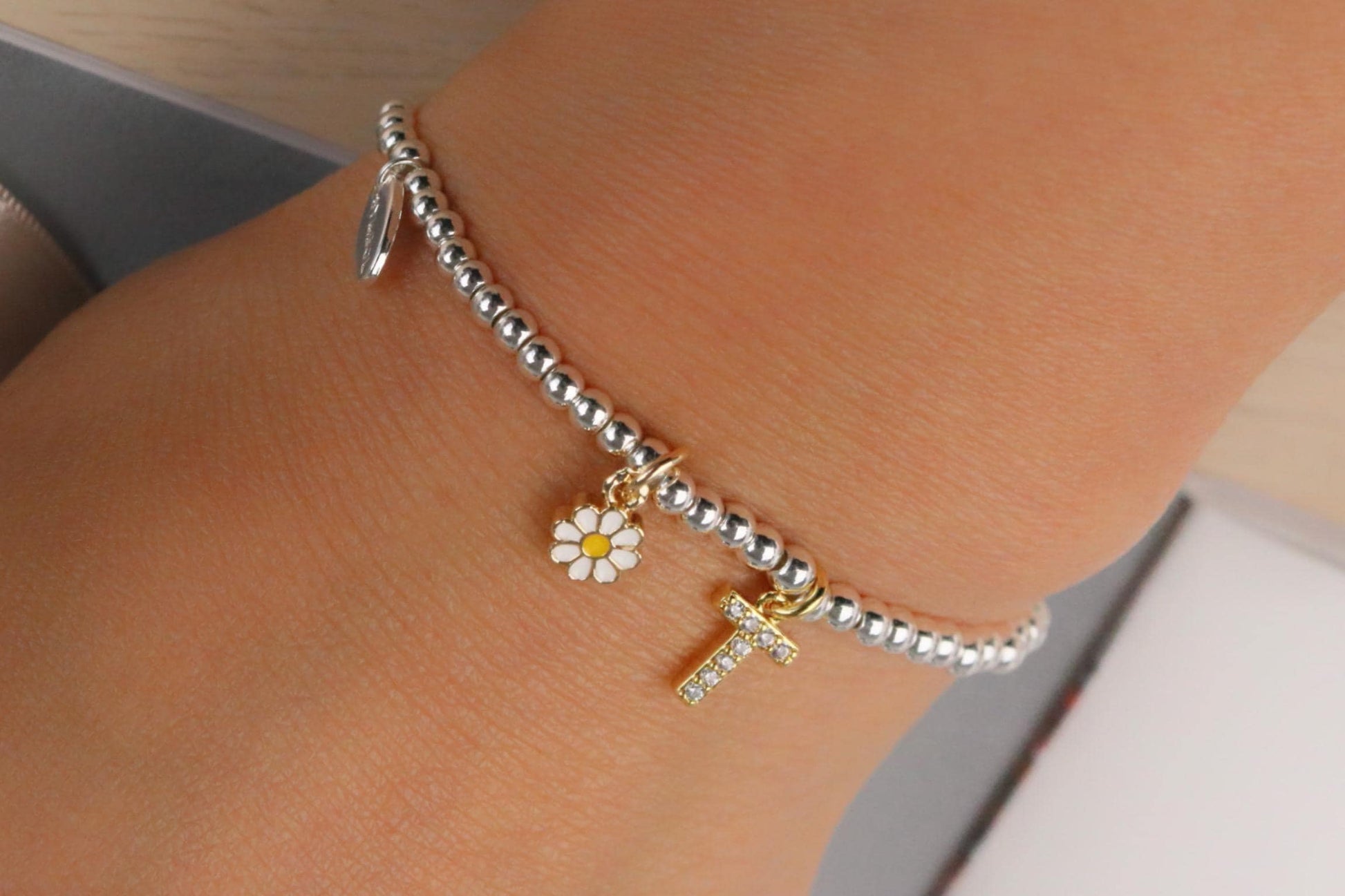 Flower Girl Gift, Bridesmaid Box Filler, Silver Beaded Initial Bracelet, Bridal Party Custom Gift, Wedding Theme Gift, Custom Kids Bracelet