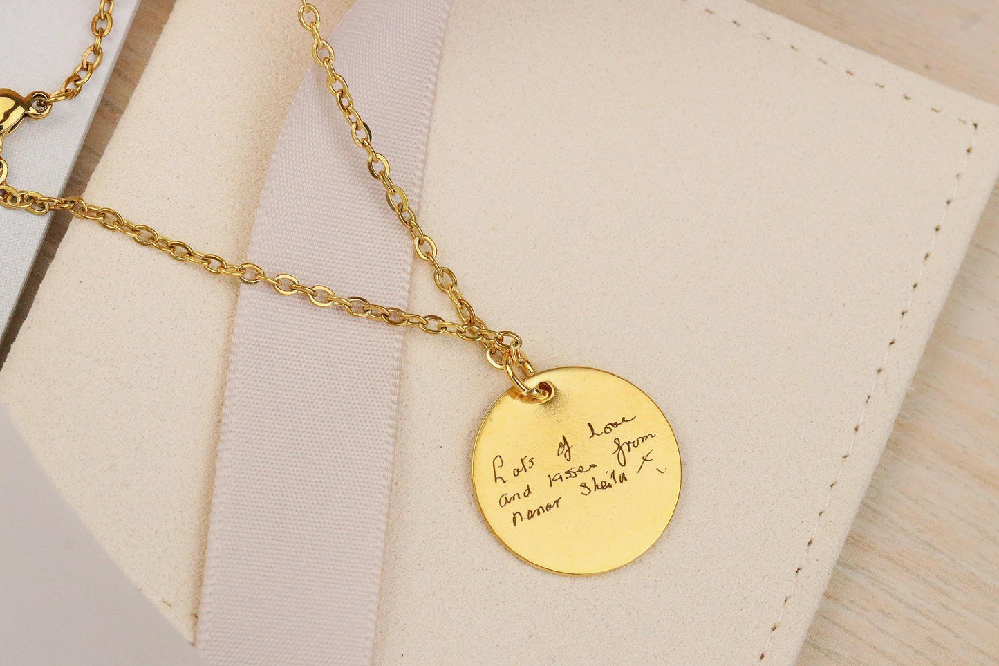 Gold Photo Necklace: Personalised Handwriting, Engraved Memorial Pendant