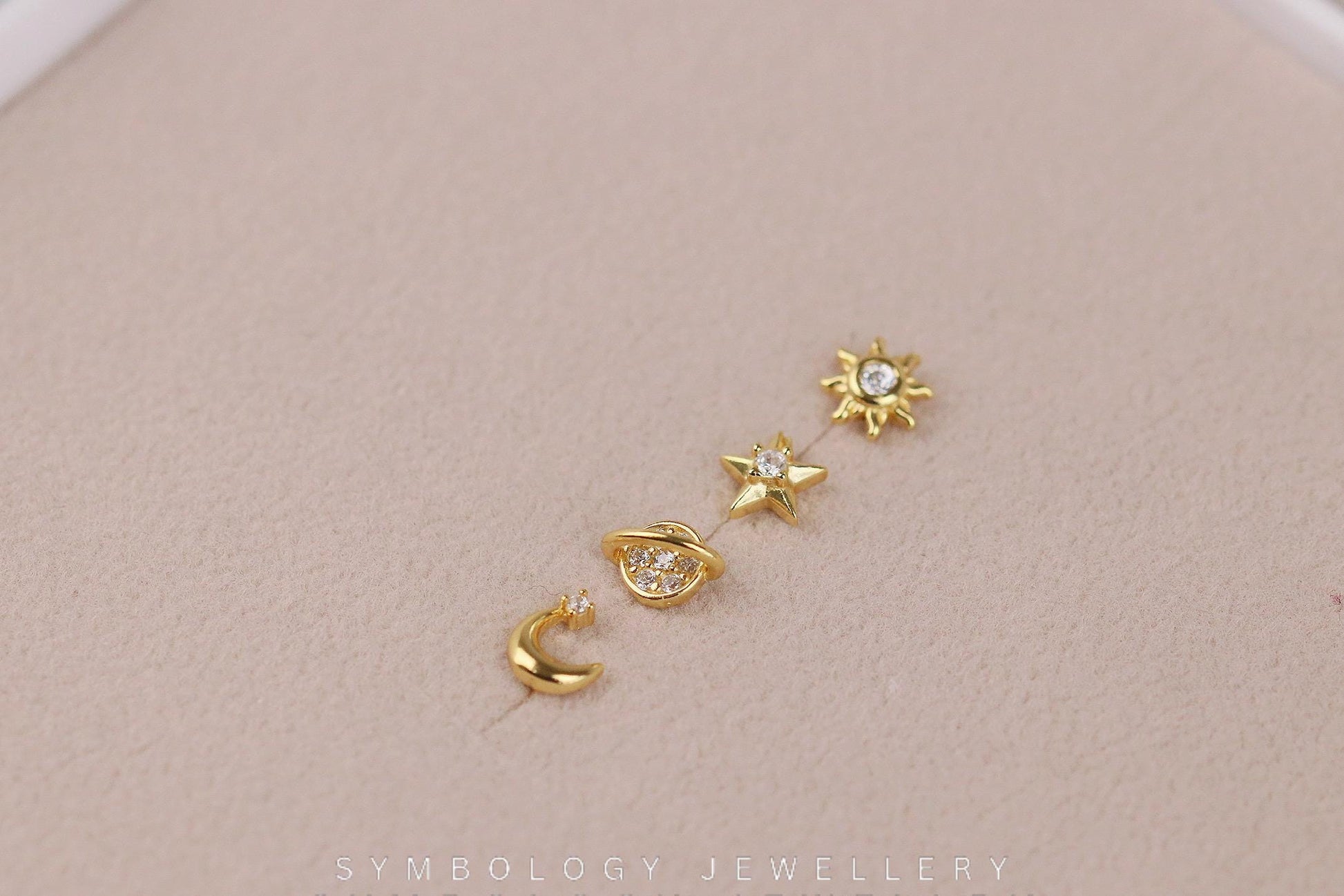 Gold Vermeil Dainty Moon and Star Studs, Planet / Sunbeam Earrings, Celestial Earrings Set, Jewelry Set, Gift for Her, Gift Set, Minimalist