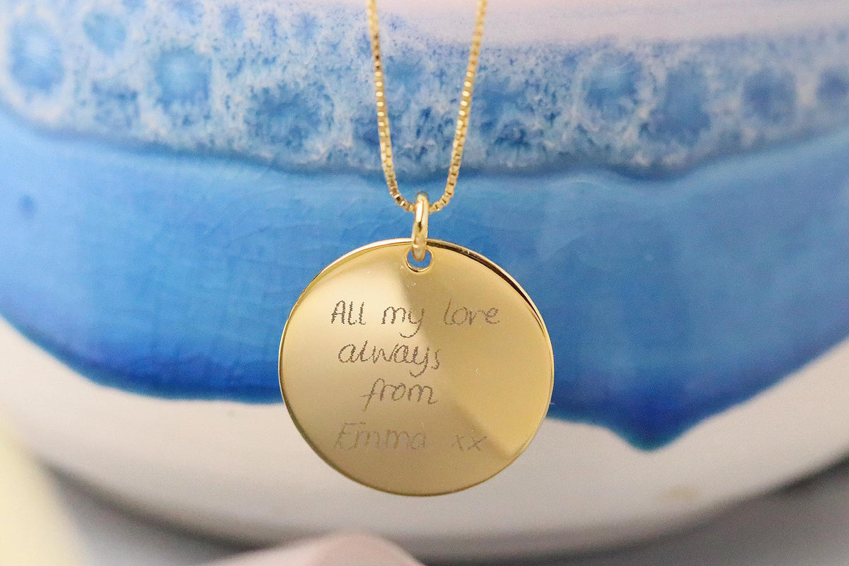 Personalised Engraved Disc Necklace, 2cm Round Pendant in 925 Silver. Custom Message Necklace, Birthday Gift for Her, Gold Photo Engraved