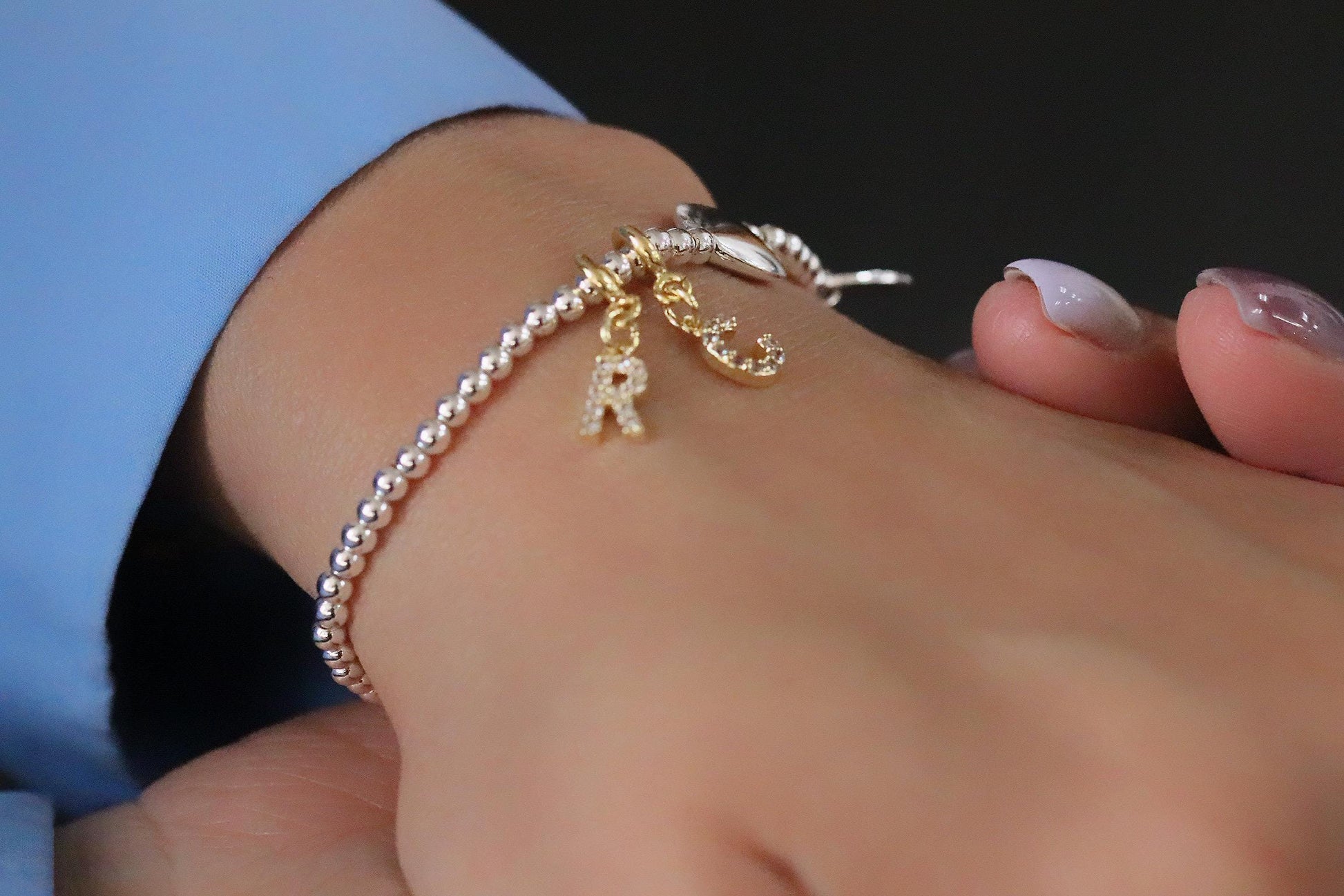 3mm Dainty Crystal Initial Bracelet, Silver Plated Beaded Love Heart Name Bracelet, Custom Birthstone Bracelet, Happy Birthday Gift for Her