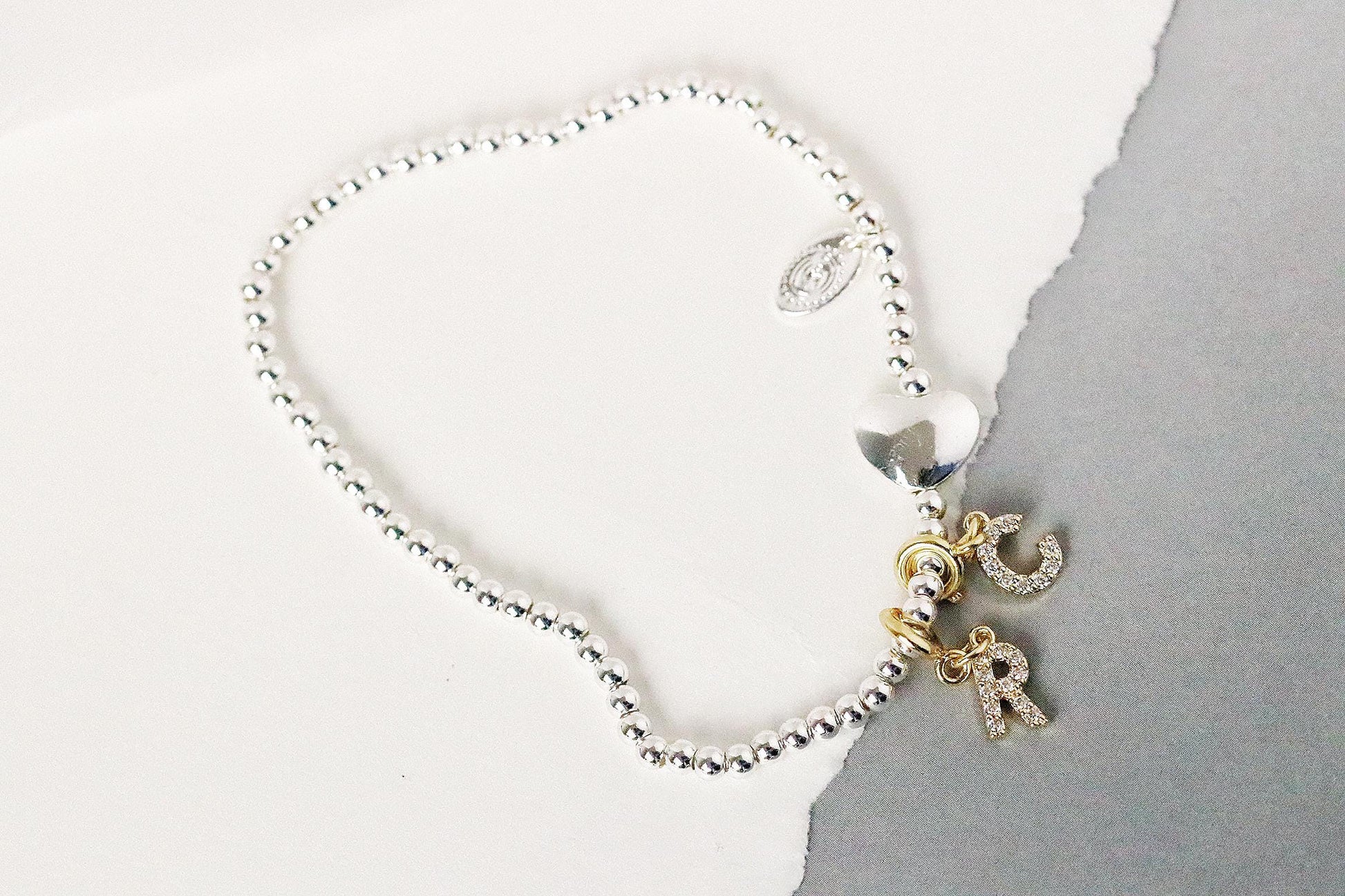 3mm Dainty Crystal Initial Bracelet, Silver Plated Beaded Love Heart Name Bracelet, Custom Birthstone Bracelet, Happy Birthday Gift for Her