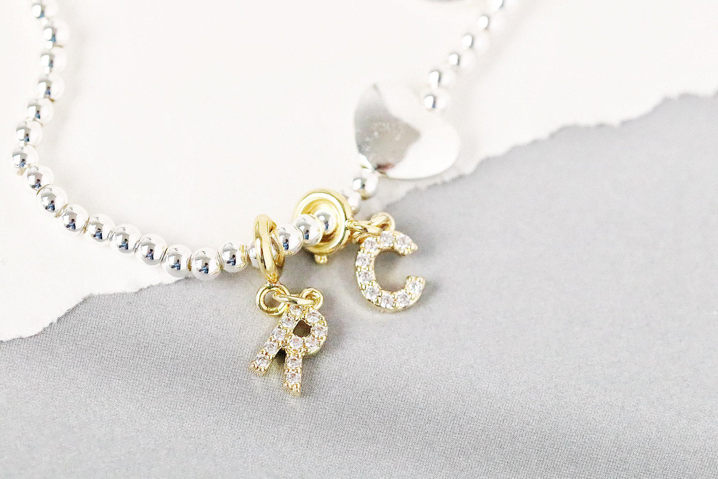 3mm Dainty Crystal Initial Bracelet, Silver Plated Beaded Love Heart Name Bracelet, Custom Birthstone Bracelet, Happy Birthday Gift for Her