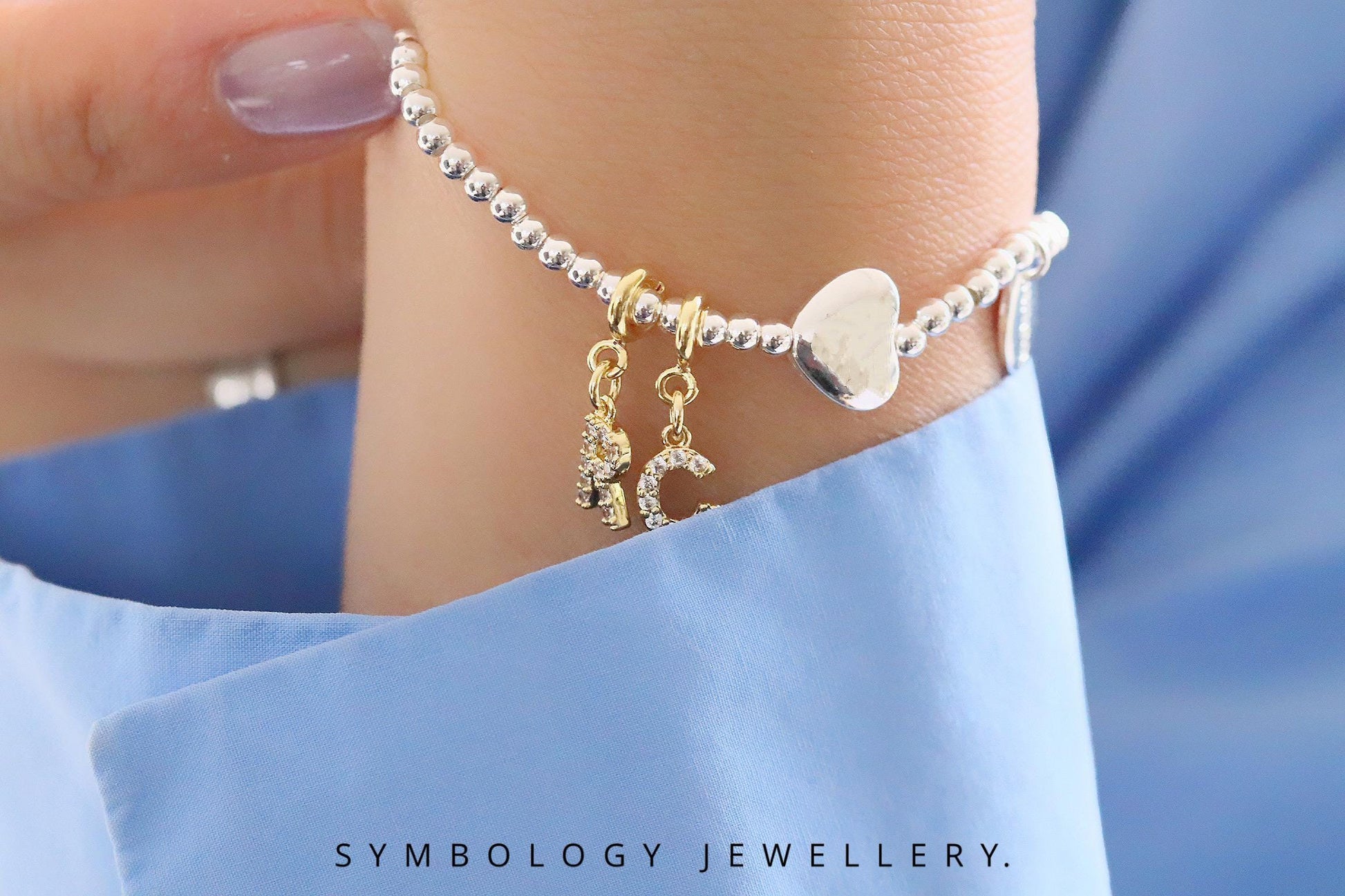 3mm Dainty Crystal Initial Bracelet, Silver Plated Beaded Love Heart Name Bracelet, Custom Birthstone Bracelet, Happy Birthday Gift for Her