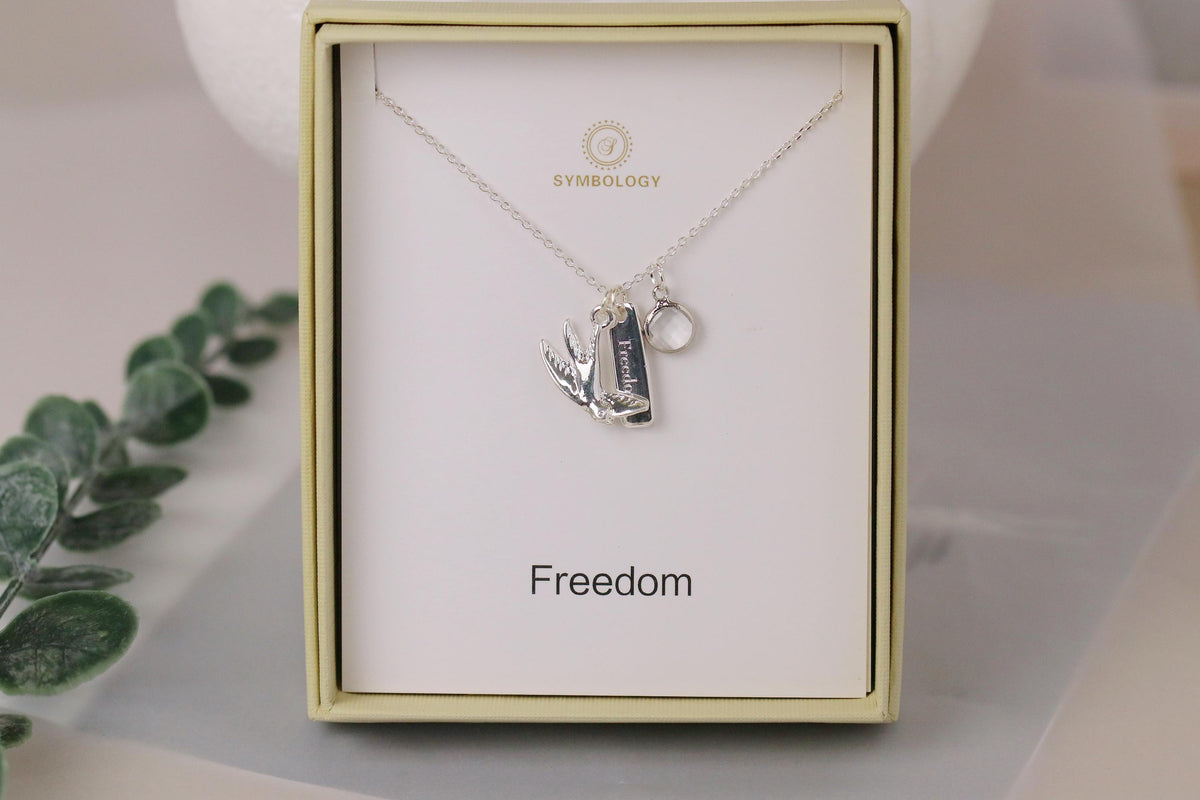 Freedom Personalised Necklace. Silver Swallow Charm, Birthstone Initial Pendant, Sentimental Womens Jewellery. Gift for Her, Gift for Friend