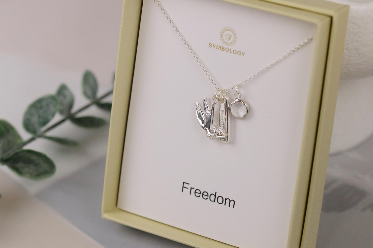 Freedom Personalised Necklace. Silver Swallow Charm, Birthstone Initial Pendant, Sentimental Womens Jewellery. Gift for Her, Gift for Friend
