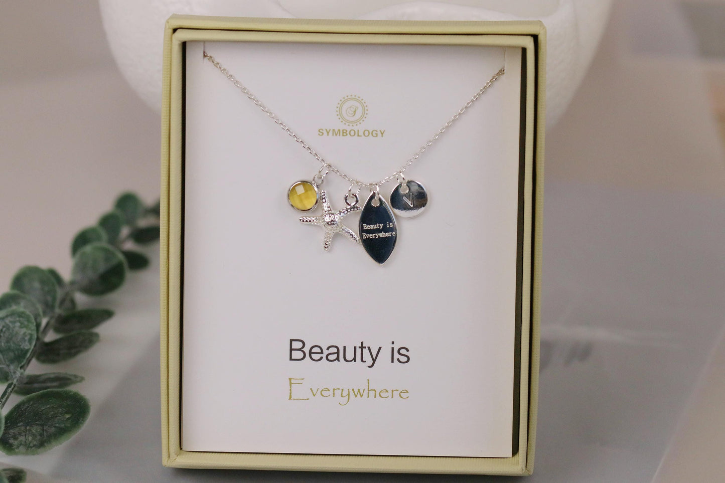 Silver Starfish Necklace: Personalized Initial Birthstone Charm