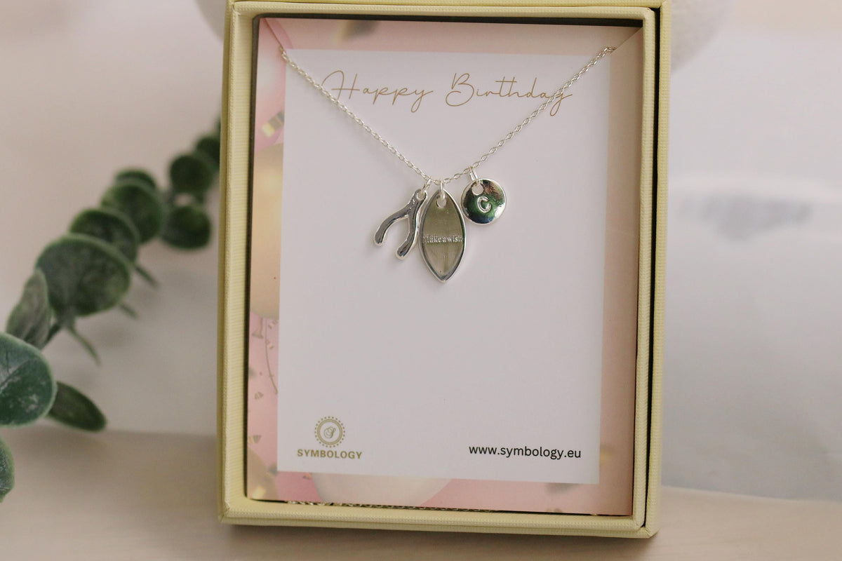 Personalized Birthday Necklace: Silver Wishbone Charm, Birthstone Initial