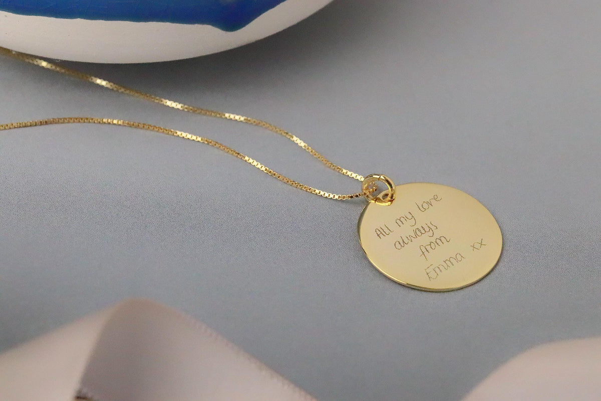 Personalised Engraved Disc Necklace, 2cm Round Pendant in 925 Silver. Custom Message Necklace, Birthday Gift for Her, Gold Photo Engraved